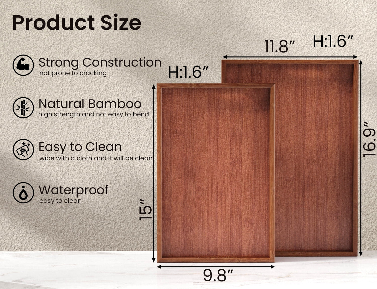 Bamboo Set of 2 Serving Tray with Handles,Decorative Trays Platter,Breakfast Tray in Bed,Food Drinks Tray for Eating,Working,Storing(Brown)