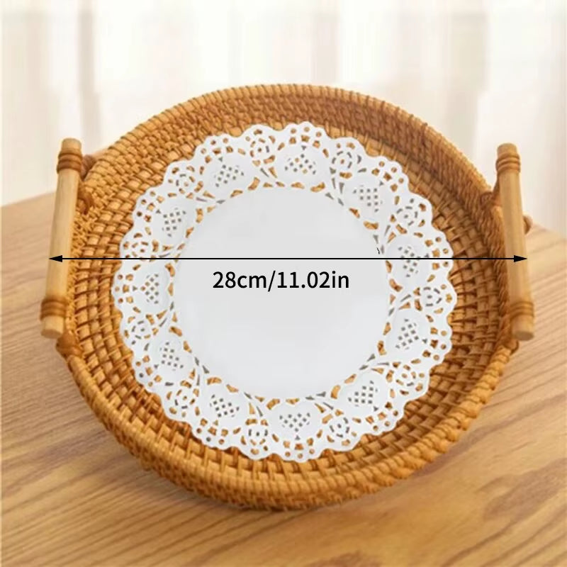 1PC Rattan Bread Storage Woven Snacks Fruit round Tray Picnic Binaural Tray Living Room Table Finishing