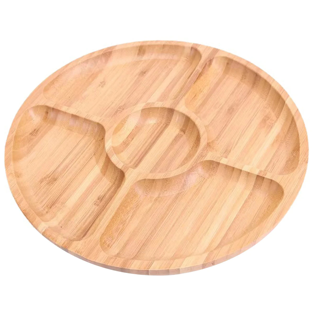 Bamboo round 5 Compartment Serving Tray, Ideal for Snacks, Fruits, Nuts, Wooden Plate with Dividers for Party Platters