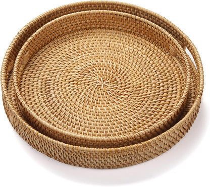 Rattan round Serving Tray, Hand Woven Serving Basket with Cut - Out Handles, Wicker Fruit/Bread Serving Basket (11.8 + 13.8 Inch)
