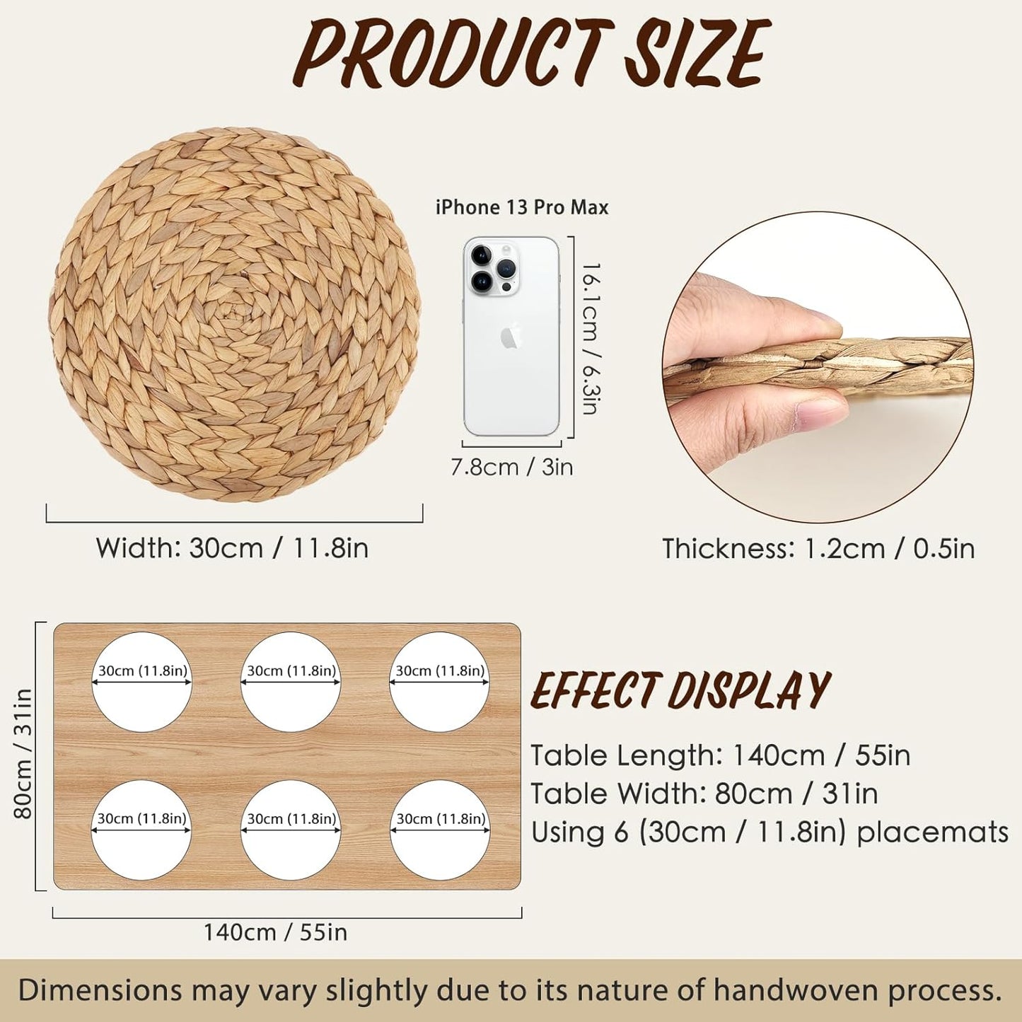 Natural Water Hyacinth Weave Placemat round Braided Rattan Tablemats 11.8 Inch X 2Pc