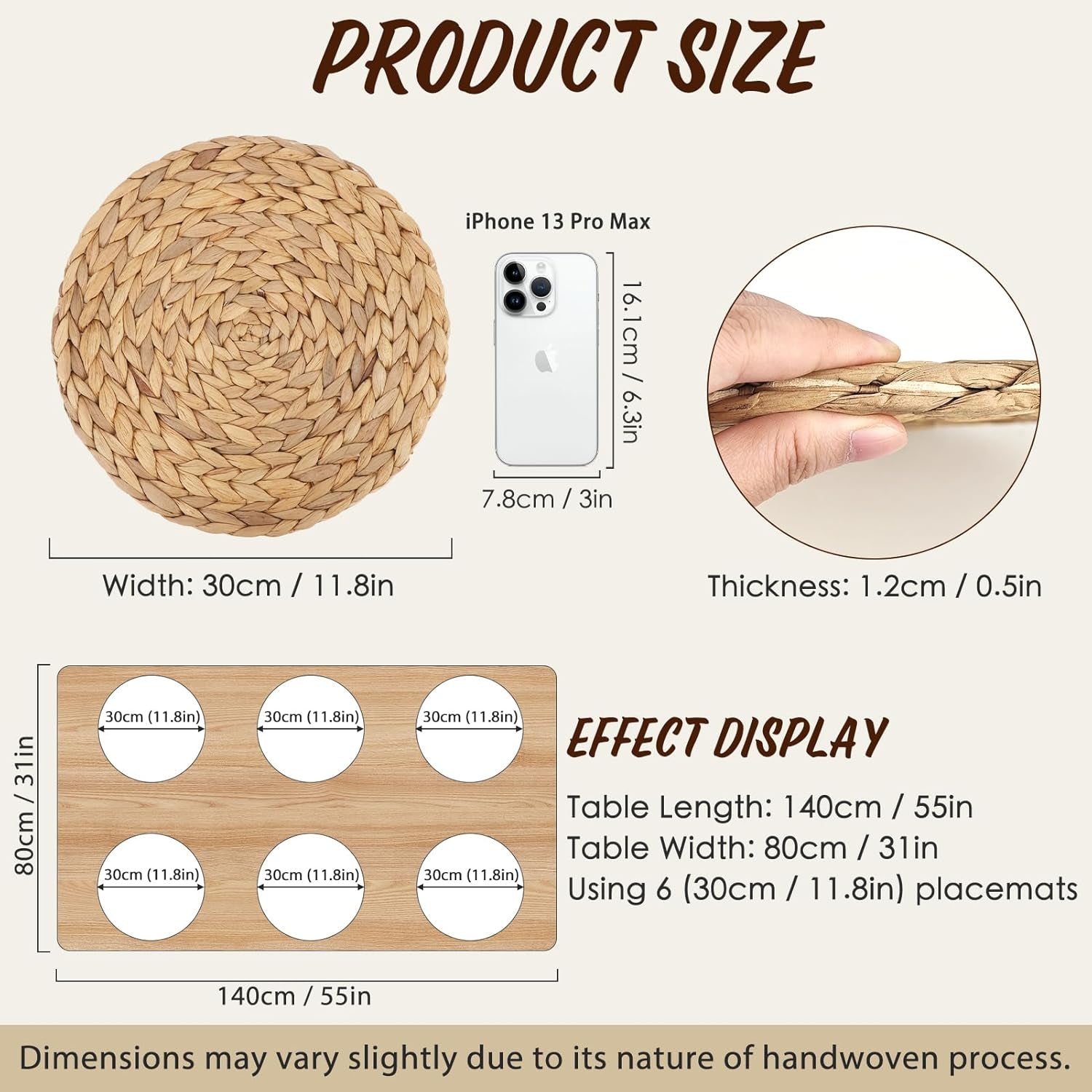 Natural Water Hyacinth Weave Placemat round Braided Rattan Tablemats 11.8 Inch X 2Pc