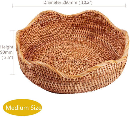 Handmade Rattan round Fruit Basket Food Storage Organizer Snack Serving Tray Basket with 3' Deep Wall, Boho Decor Display Tray Bowl (3-Size Kit)