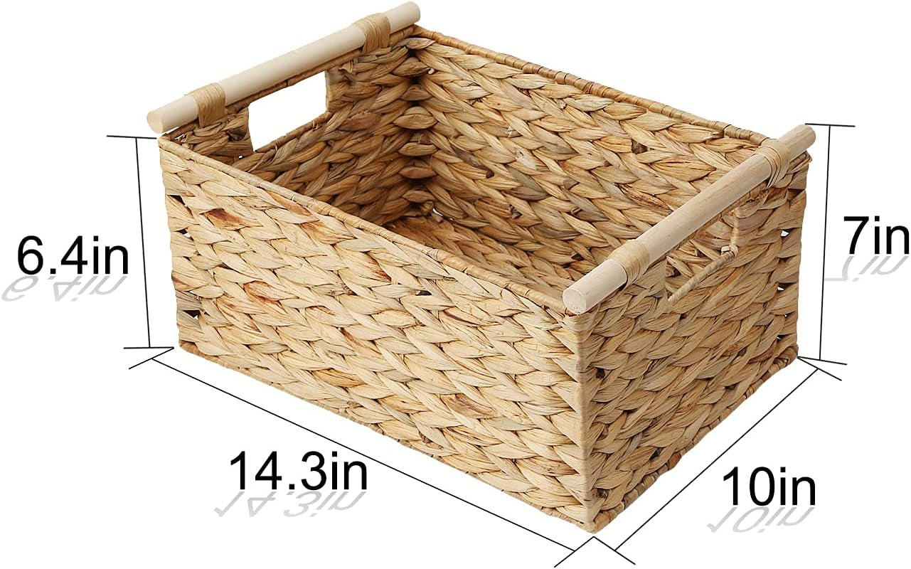 Large Rectangular Wicker Basket with Built-In Wooden Handles, Water Hyacinth Woven Basket for Organizing, Utility Shelves, Towel Storage Basket