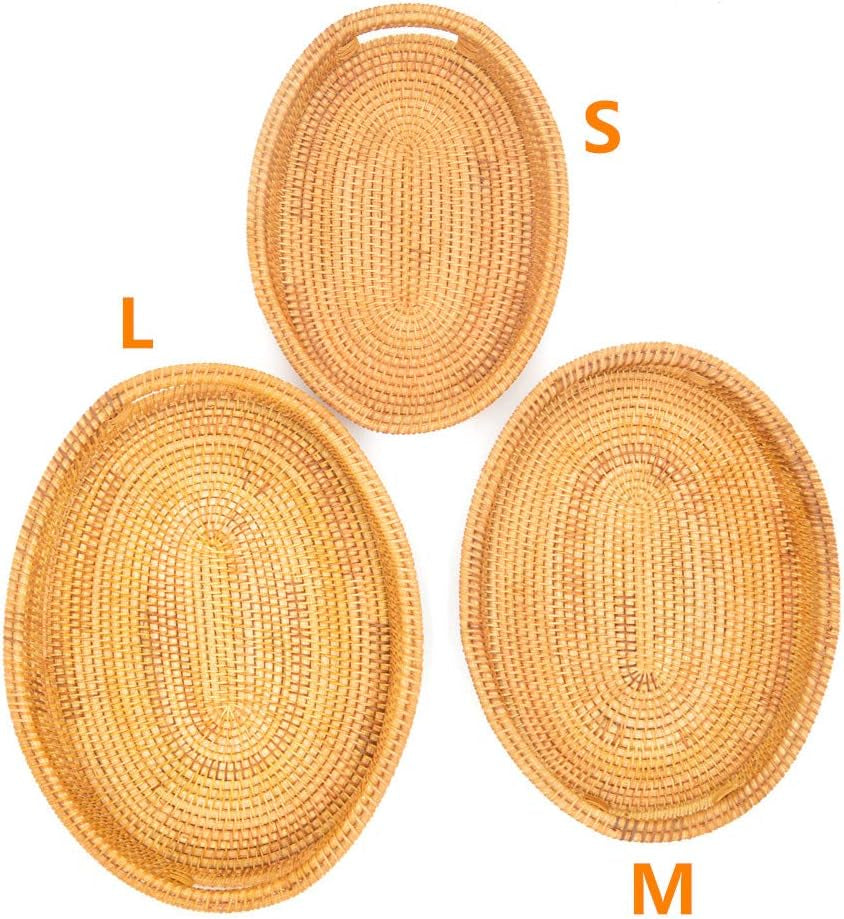 Small Handmade Rattan Basket, Oval Wicker Bowl, Rustic Serving Tray with Handles, Fruit Bowls, Table Organizers Storage Dish for Food, Catering, Catchall, Brown, S, 12.6 Inch