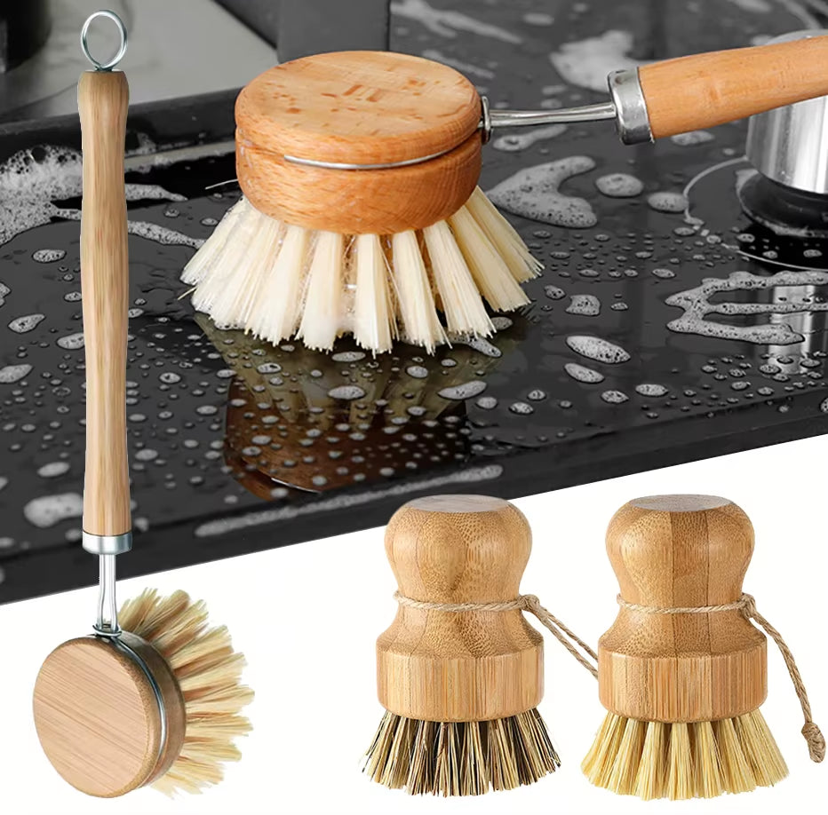 Bamboo Kitchen Cleaning Brush Natural Dishes Pots Pans Sink Washing Brush Eco-Friendly Clean Scrubber with Draining Storage Tray