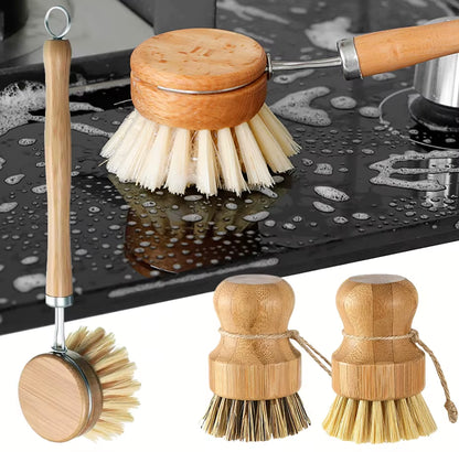 Bamboo Kitchen Cleaning Brush Natural Dishes Pots Pans Sink Washing Brush Eco-Friendly Clean Scrubber with Draining Storage Tray