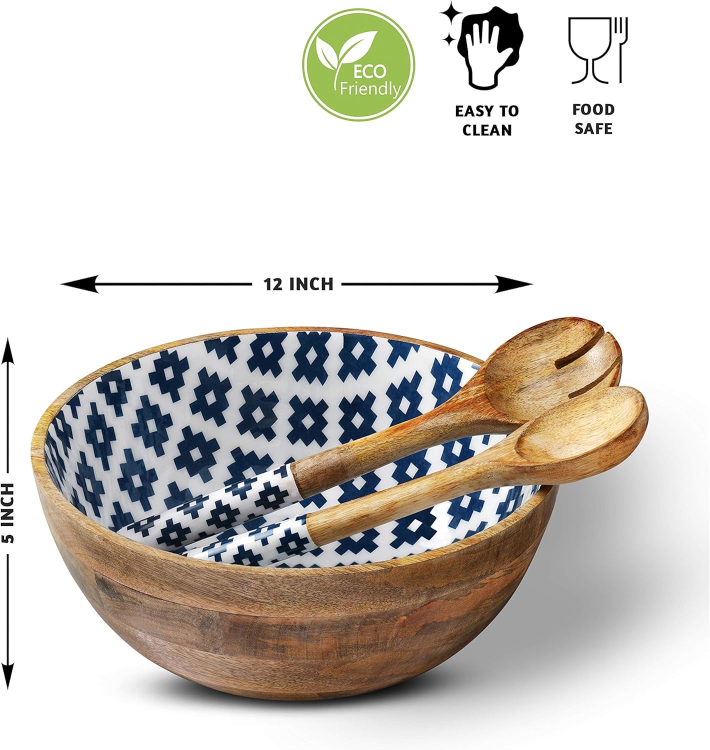 Salad Bowl or Wooden Bowls with Serving Tongs, Large for Fruits, Cereal or Pasta, Large Mixing Bowl Set, 12" Diameter X 5" Height, Mango Wood, Blue