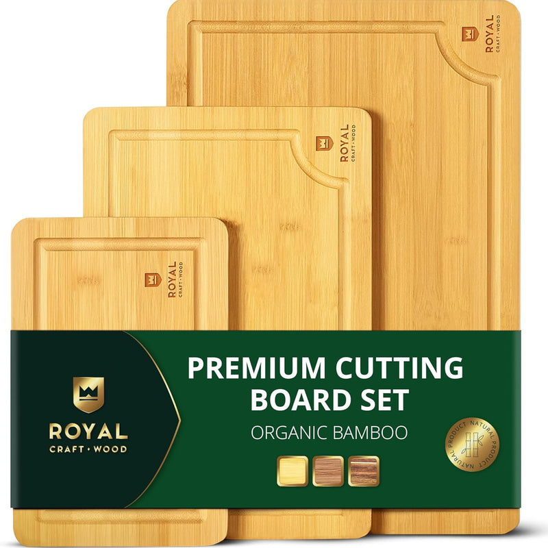 Premium Cutting Boards for Kitchen Meal Prep & Serving - Bamboo Wooden Serving Board Set with Deep Juice Groove Side Handles - Charcuterie & Chopping Butcher Block for Meat