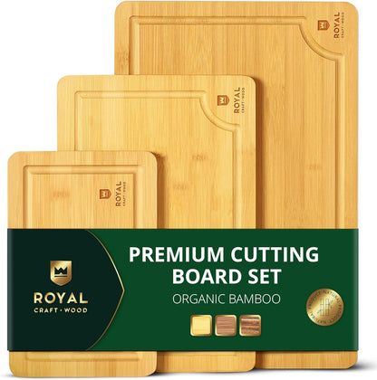 Premium Cutting Boards for Kitchen Meal Prep & Serving - Bamboo Wooden Serving Board Set with Deep Juice Groove Side Handles - Charcuterie & Chopping Butcher Block for Meat