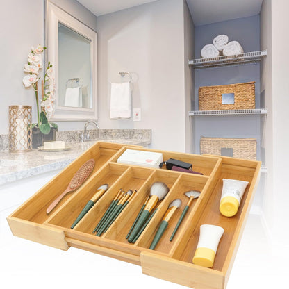 Bamboo Drawer Organizer, Expandable Silverware Drawer Organizer, Cutlery Tray with Dividers for Kitchen Utensils, Medium