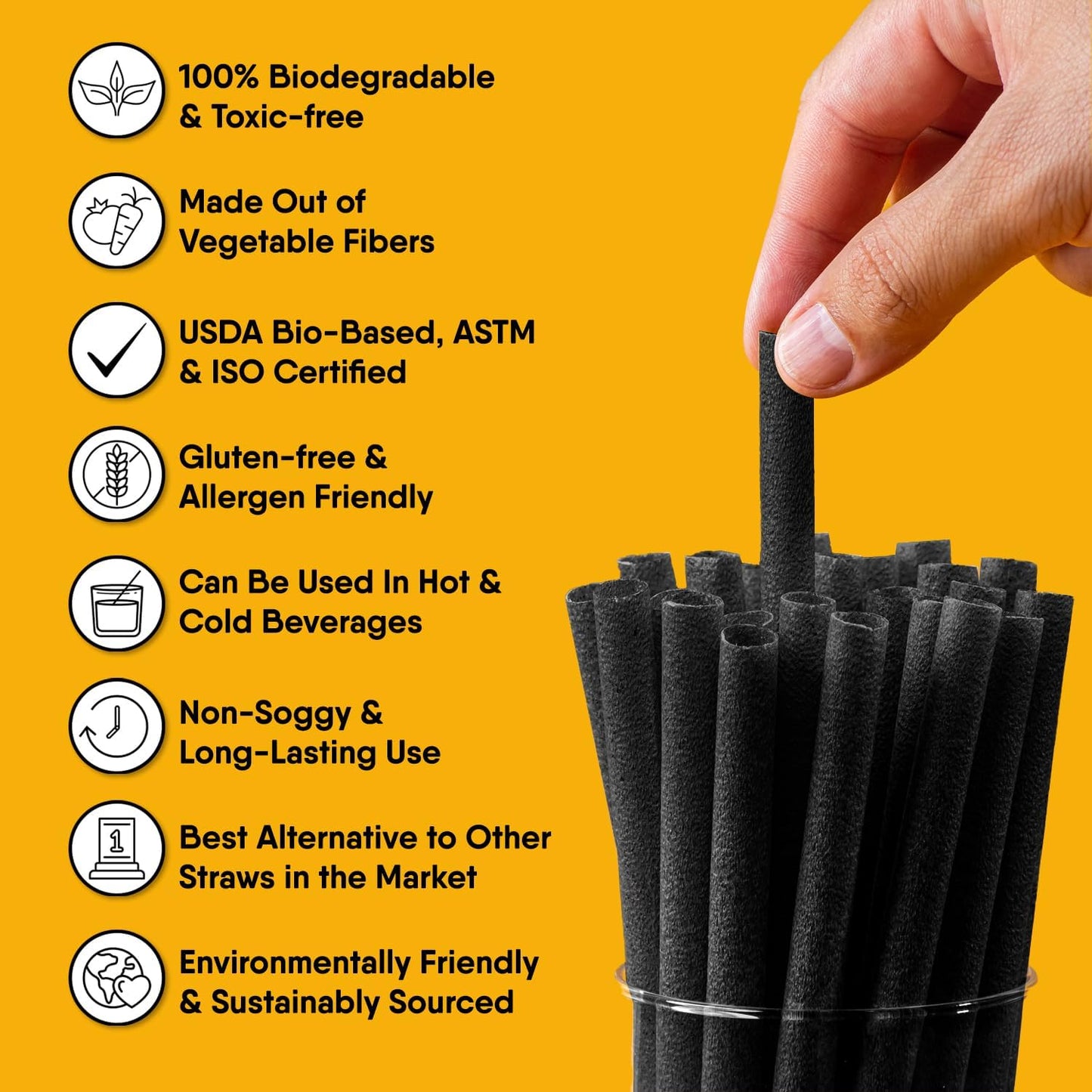 – 100 PCS of 8.25 Inches Individually Wrapped Black Biodegradable Straws – Made of Vegetable Fibers, Best Environment Friendly Drinking Straws for Hot and Cold Beverages