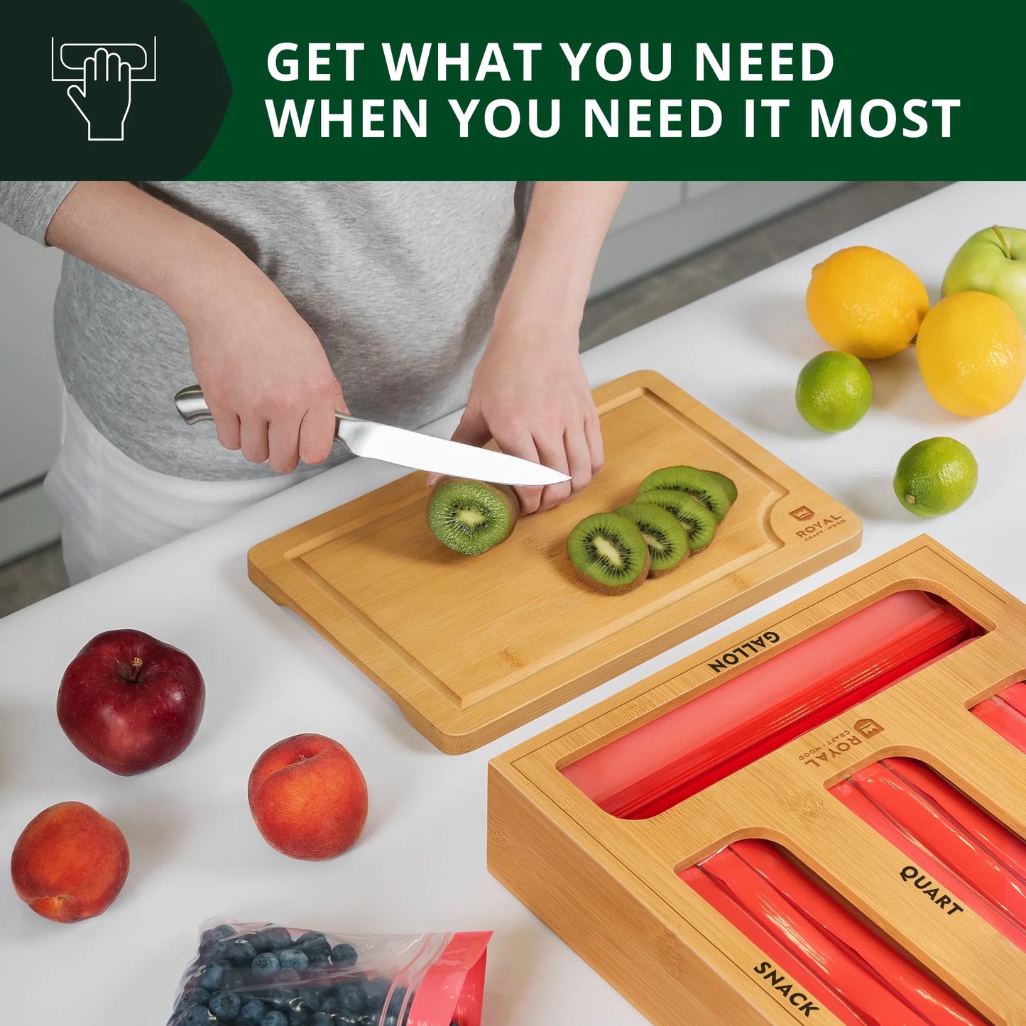 Bamboo Ziplock Bag Storage Organizer for Kitchen Drawer & Wall Mount, 4 in 1 - Food Storage Bags Container with Slider - Fits Any Brand Gallon, Quart, Sandwich, and Snack Food Bags