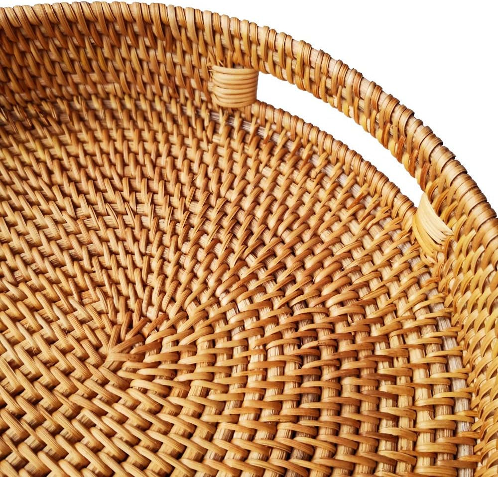 Oval Rattan X-Large Breakfast Severing Tray-17 Wicker Woven Food Storage Platters for Fruit,Bread, Drinks,Snacks|Coffee Table Serving Basket Ottoman Tray with Handles and 2.4" Wall(Xxl-43Cm)