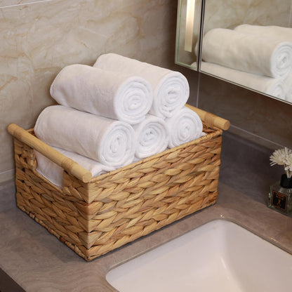Large Rectangular Wicker Basket with Built-In Wooden Handles, Water Hyacinth Woven Basket for Organizing, Utility Shelves, Towel Storage Basket