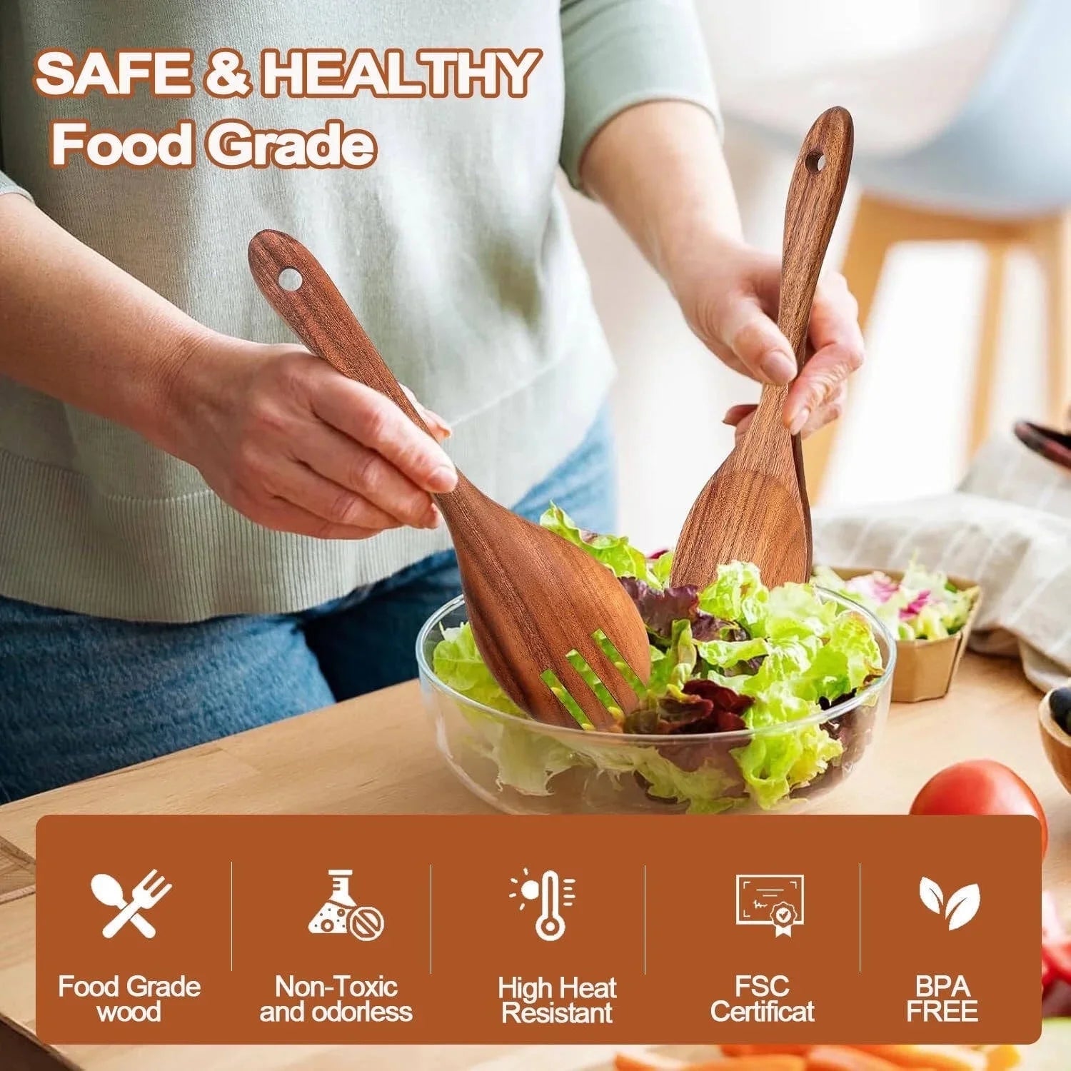 Wooden Spoons for Cooking, 10 Pcs Natural Teak Kitchen Utensil Set, Wooden Cooking Utensils Set for Nonstick Pans & Cookware