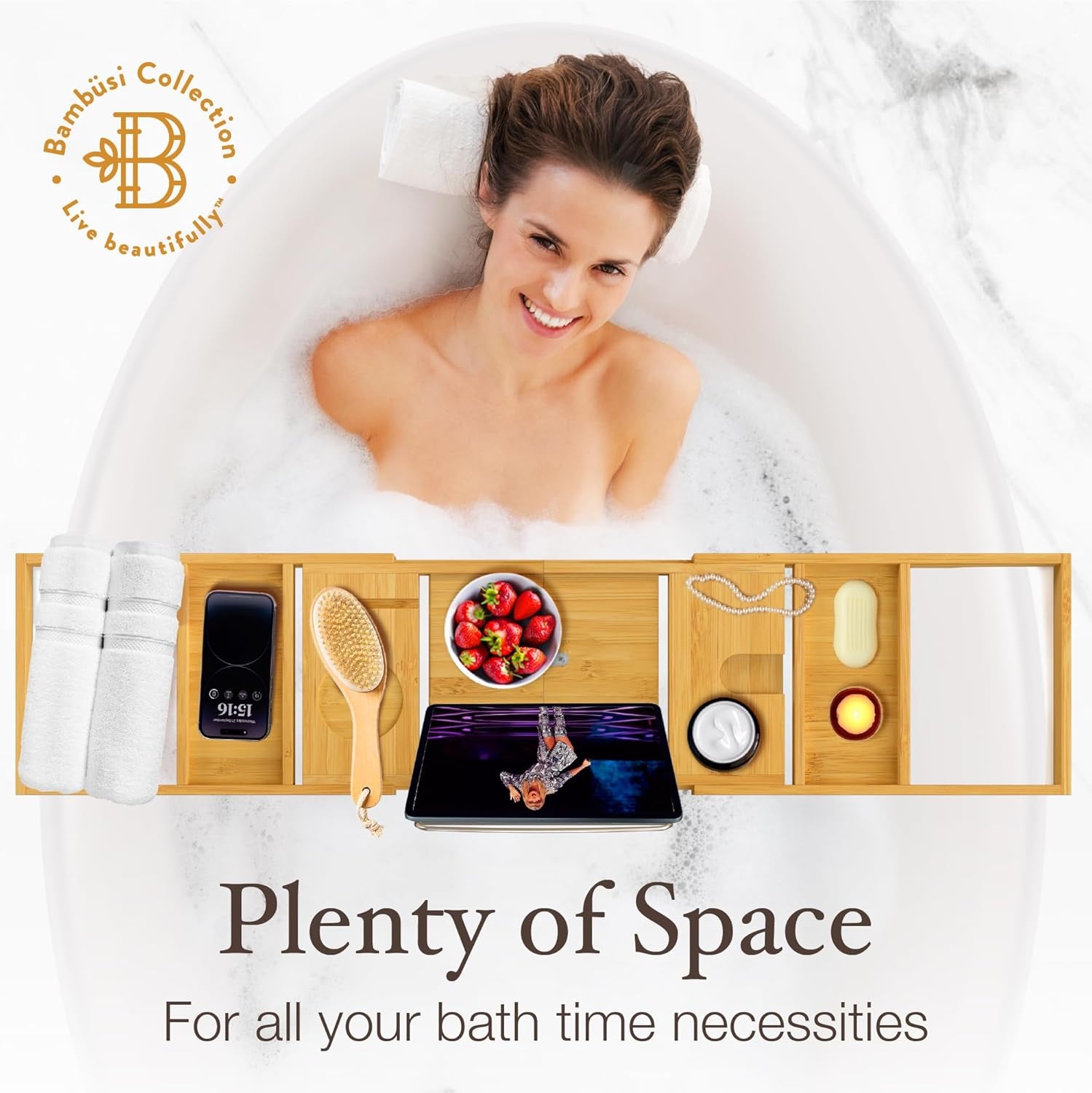 Wooden Bathtub Tray - Foldable & Expandable Bamboo Bath Tray for Tub with Wine Holder, Book & Tablet Stand - Bath Caddy Tray for Bathtub, Spa Bath Accessories for Women, Tub Tray Table