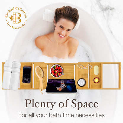Wooden Bathtub Tray - Foldable & Expandable Bamboo Bath Tray for Tub with Wine Holder, Book & Tablet Stand - Bath Caddy Tray for Bathtub, Spa Bath Accessories for Women, Tub Tray Table