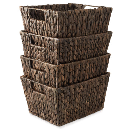 Set of 4 Storage Baskets with Handles, Wicker Seagrass Hyacinth Bins for Shelves