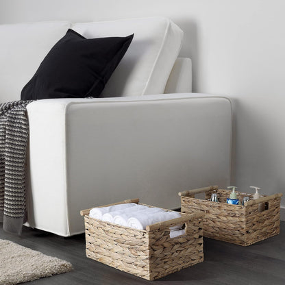 Large Rectangular Wicker Basket with Built-In Wooden Handles, Water Hyacinth Woven Basket for Organizing, Utility Shelves, Towel Storage Basket