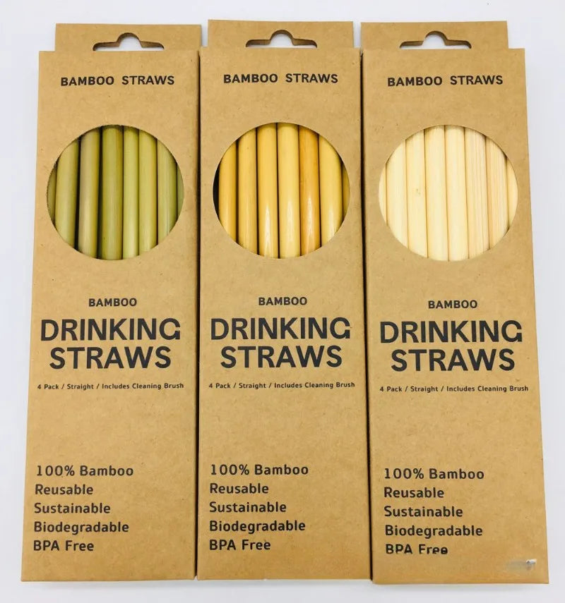 12Pcs Reusable Bamboo Straws Eco-Friendly Bar Party Drinking Straw with Cleaning Brush Natural Bamboo Cocktail Straws