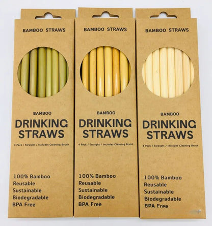 12Pcs Reusable Bamboo Straws Eco-Friendly Bar Party Drinking Straw with Cleaning Brush Natural Bamboo Cocktail Straws