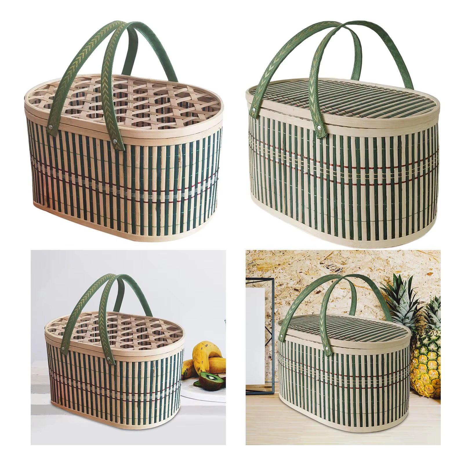 Bamboo Woven Basket with Top Handle Versatile Handwoven Picnic Basket Food Storage Basket Bamboo Basket with Lid for Snacks Cake