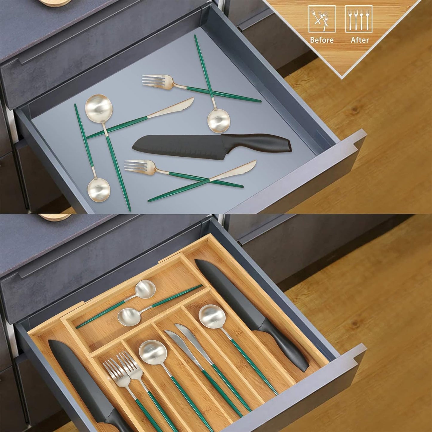 Bamboo Drawer Organizer, Expandable Silverware Drawer Organizer, Cutlery Tray with Dividers for Kitchen Utensils, Medium