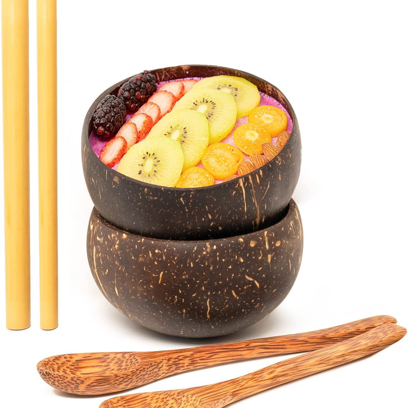Set of 2 Small Original Coconut Bowls, 2 Wooden Spoons & 2 Reusable Bamboo Straws - 100% Natural, Hand Carved by Artisans, Eco-Friendly & Sustainable - Smoothie/Acai/Salad Bowls