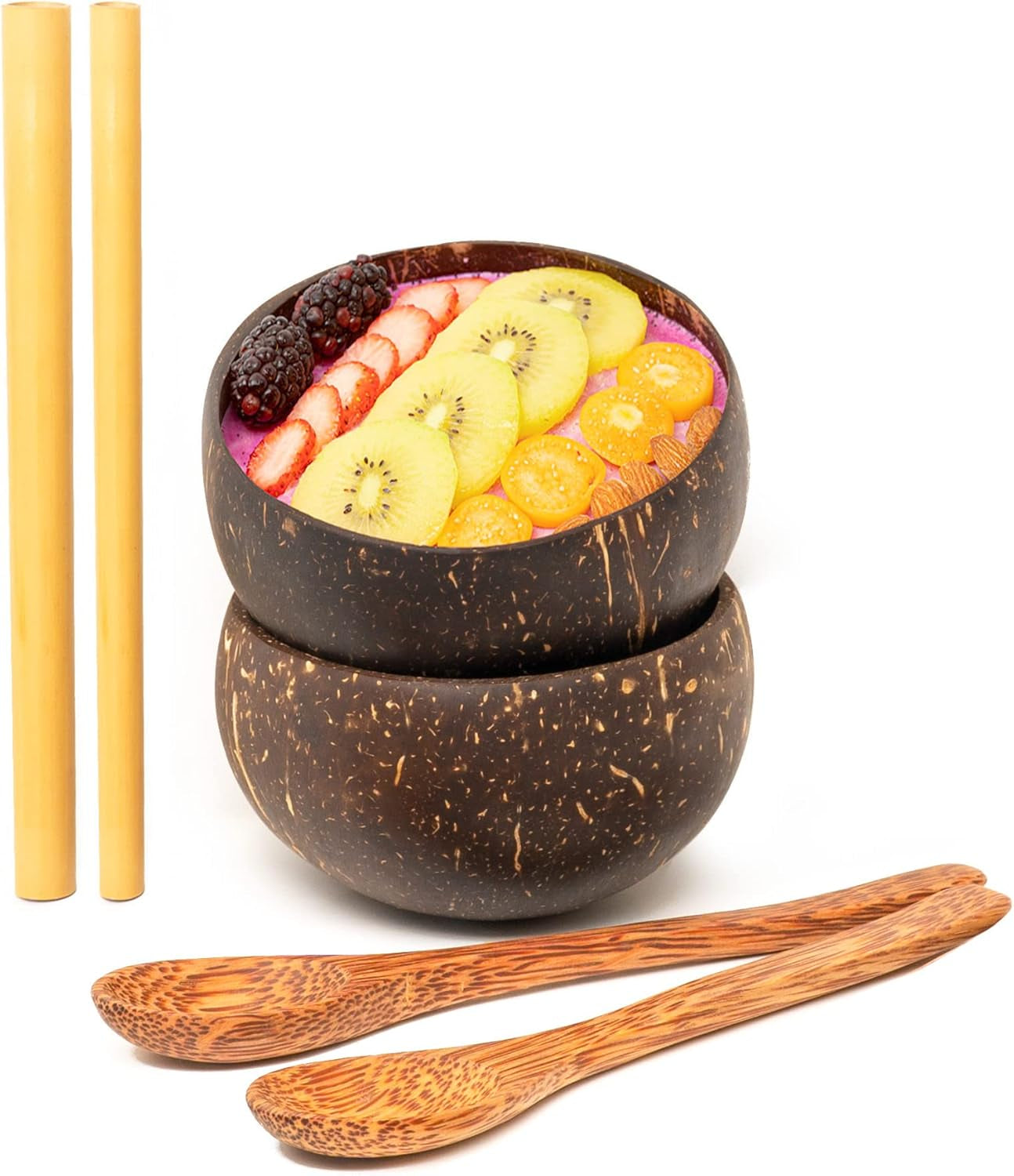 Set of 2 Small Original Coconut Bowls, 2 Wooden Spoons & 2 Reusable Bamboo Straws - 100% Natural, Hand Carved by Artisans, Eco-Friendly & Sustainable - Smoothie/Acai/Salad Bowls