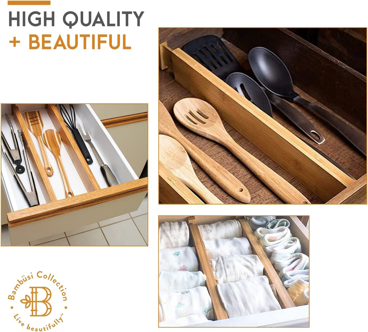 4 Pack Drawer Divider - 2.6" High, 16" to 22" Adjustable Bamboo Drawer Organizers for Clothes, Expandable Dresser Separators in Bedroom/Bathroom/Kitchen/Office Organization and Storage (Natural)