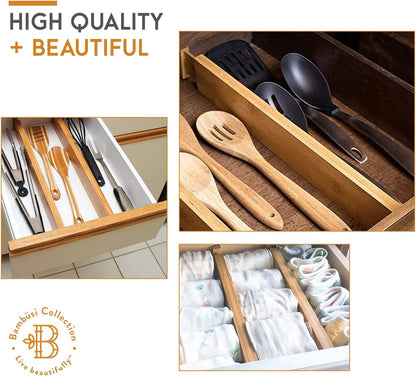 4 Pack Drawer Divider - 2.6" High, 16" to 22" Adjustable Bamboo Drawer Organizers for Clothes, Expandable Dresser Separators in Bedroom/Bathroom/Kitchen/Office Organization and Storage (Natural)