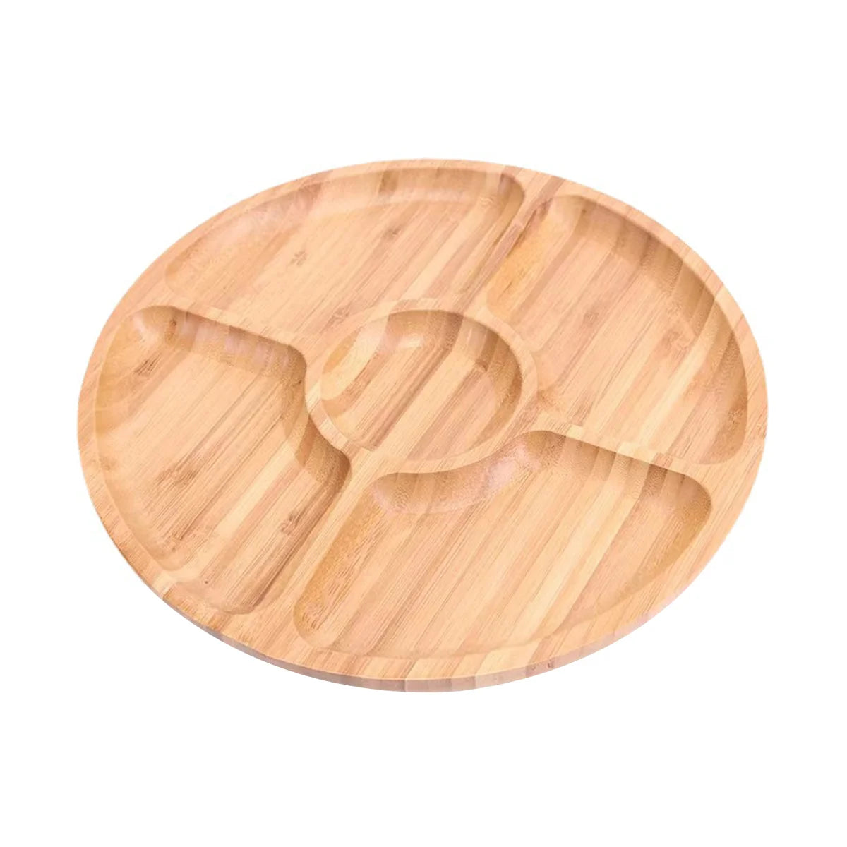 Bamboo round 5 Compartment Serving Tray, Ideal for Snacks, Fruits, Nuts, Wooden Plate with Dividers for Party Platters