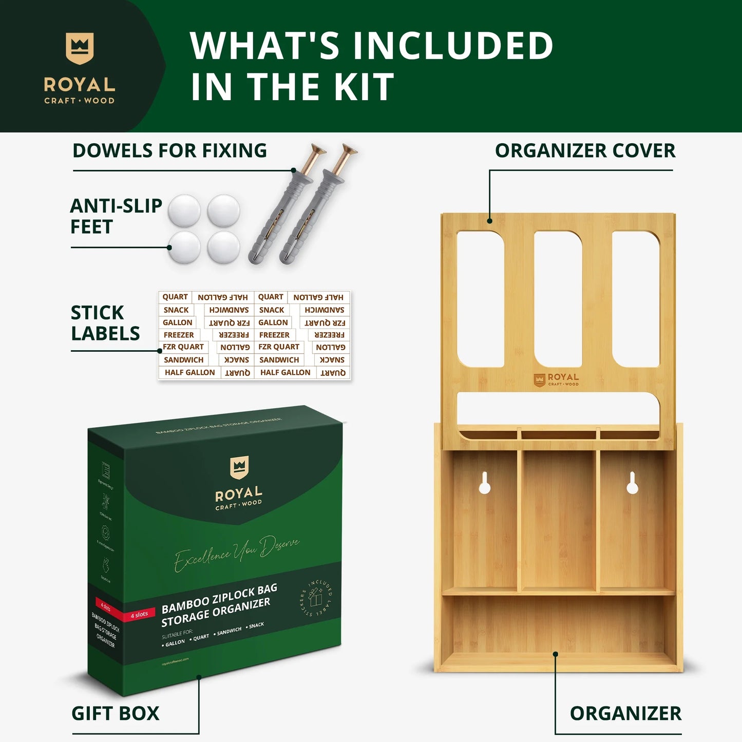 Bamboo Ziplock Bag Storage Organizer for Kitchen Drawer & Wall Mount, 4 in 1 - Food Storage Bags Container with Slider - Fits Any Brand Gallon, Quart, Sandwich, and Snack Food Bags