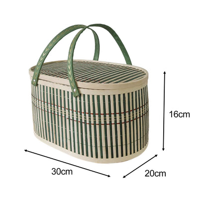 Bamboo Woven Basket with Top Handle Versatile Handwoven Picnic Basket Food Storage Basket Bamboo Basket with Lid for Snacks Cake