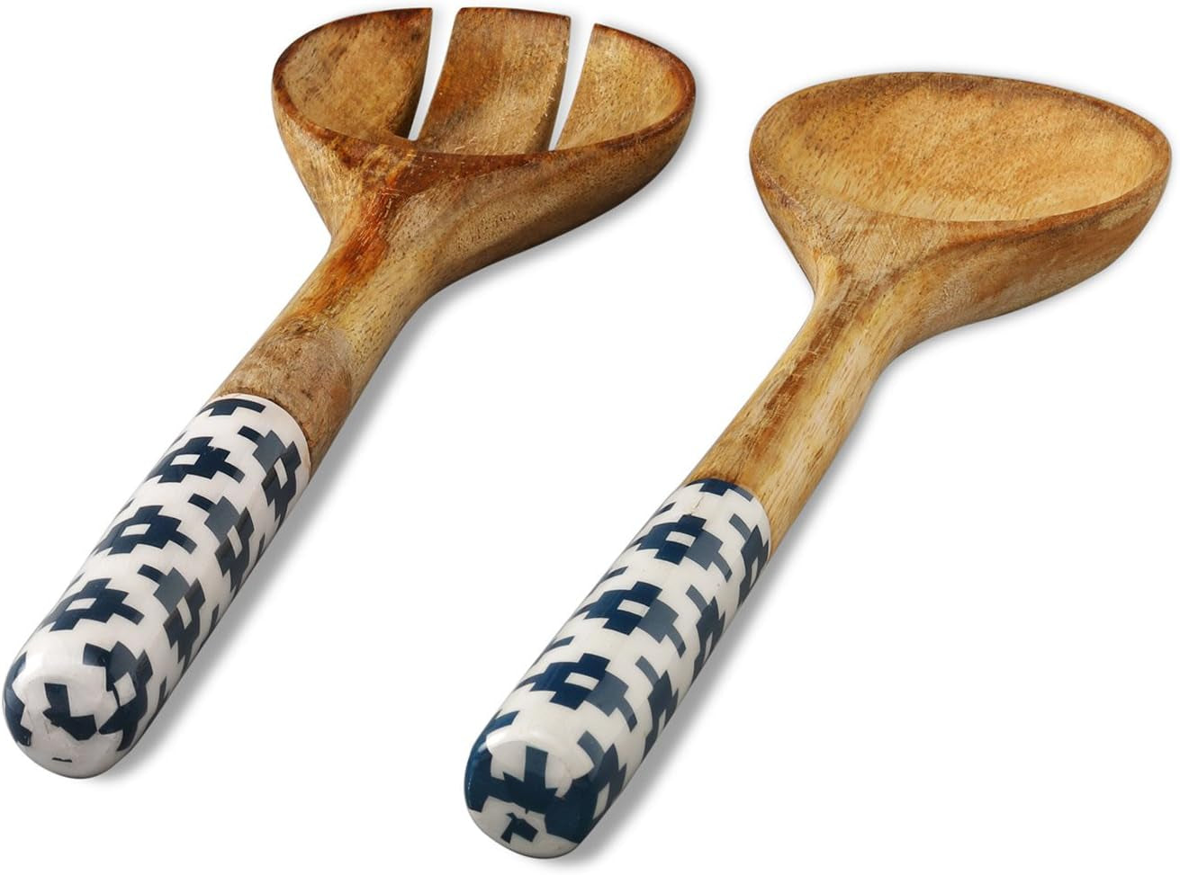 Salad Bowl or Wooden Bowls with Serving Tongs, Large for Fruits, Cereal or Pasta, Large Mixing Bowl Set, 12" Diameter X 5" Height, Mango Wood, Blue