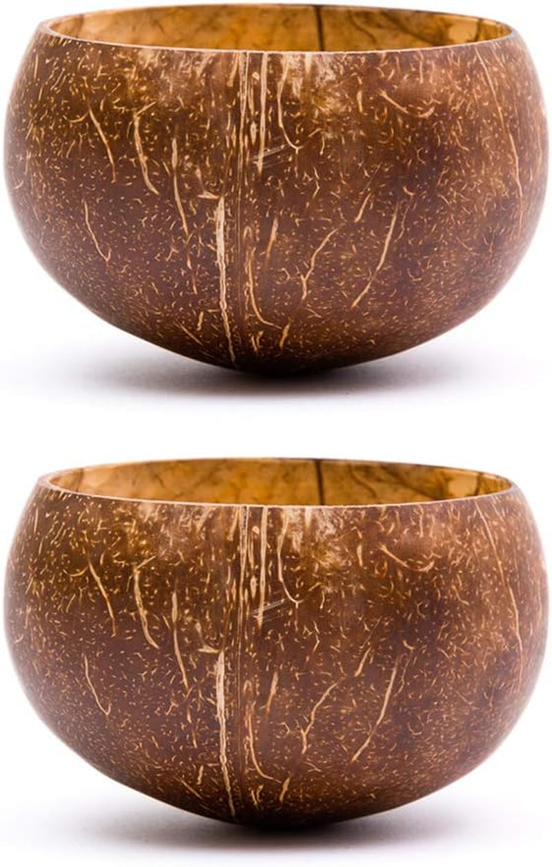 Set of 2 Small Original Coconut Bowls, 2 Wooden Spoons & 2 Reusable Bamboo Straws - 100% Natural, Hand Carved by Artisans, Eco-Friendly & Sustainable - Smoothie/Acai/Salad Bowls