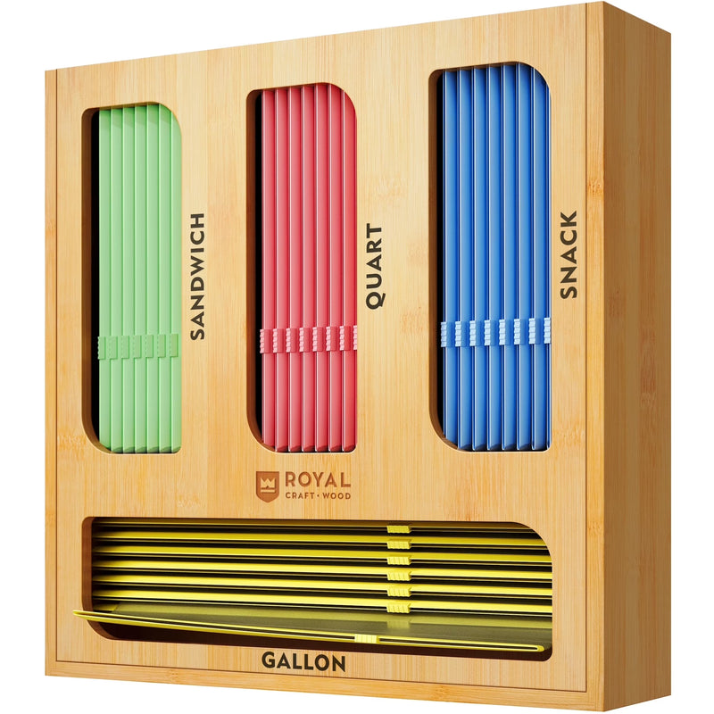 Bamboo Ziplock Bag Storage Organizer for Kitchen Drawer & Wall Mount, 4 in 1 - Food Storage Bags Container with Slider - Fits Any Brand Gallon, Quart, Sandwich, and Snack Food Bags