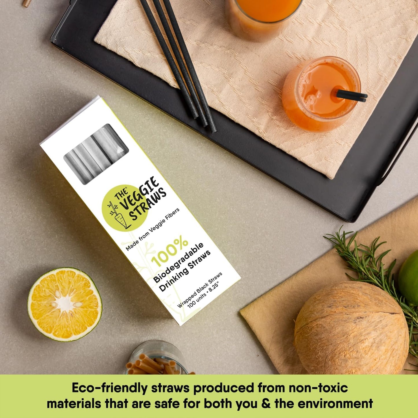 – 100 PCS of 8.25 Inches Individually Wrapped Black Biodegradable Straws – Made of Vegetable Fibers, Best Environment Friendly Drinking Straws for Hot and Cold Beverages