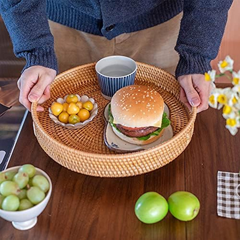 Rattan round Serving Tray, Hand Woven Serving Basket with Cut - Out Handles, Wicker Fruit/Bread Serving Basket (11.8 + 13.8 Inch)