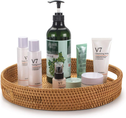 Rattan round Serving Tray, Hand Woven Serving Basket with Cut - Out Handles, Wicker Fruit/Bread Serving Basket (11.8 + 13.8 Inch)