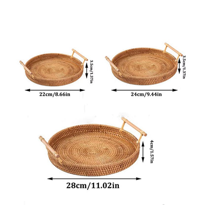 1PC Rattan Bread Storage Woven Snacks Fruit round Tray Picnic Binaural Tray Living Room Table Finishing