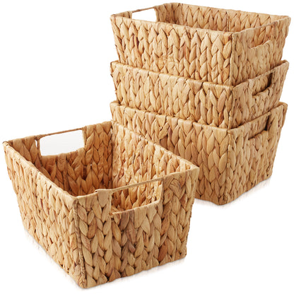 Set of 4 Storage Baskets with Handles, Wicker Seagrass Hyacinth Bins for Shelves