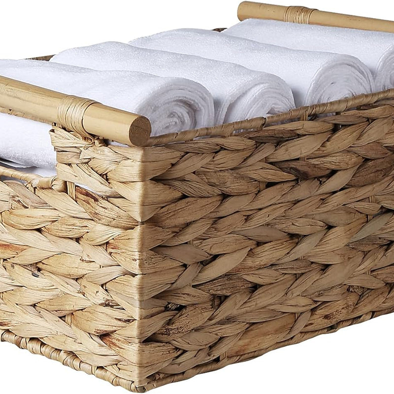 Large Rectangular Wicker Basket with Built-In Wooden Handles, Water Hyacinth Woven Basket for Organizing, Utility Shelves, Towel Storage Basket