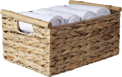 Large Rectangular Wicker Basket with Built-In Wooden Handles, Water Hyacinth Woven Basket for Organizing, Utility Shelves, Towel Storage Basket