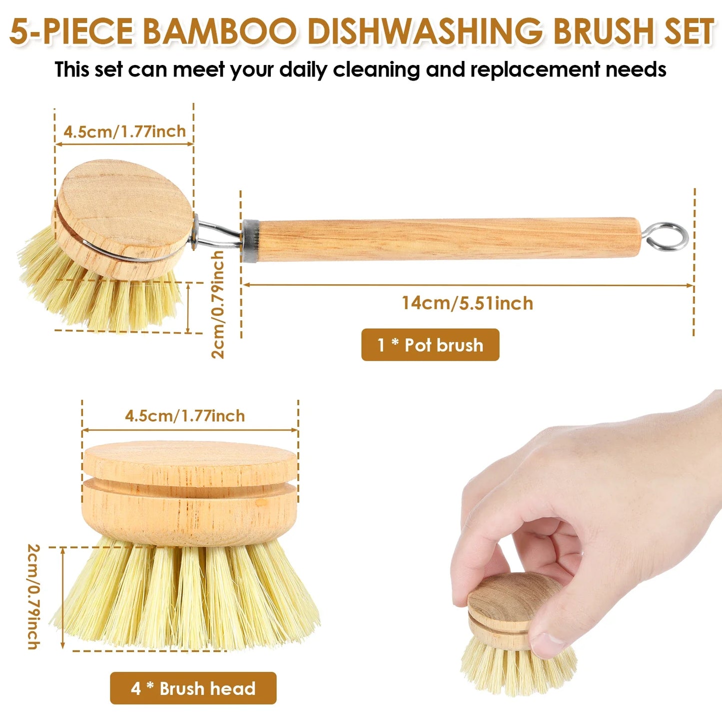 5 Piece Bamboo Dish Brush Set with Coconut Sponge - Wooden Dish Brush with Sisal and Palm Fiber, Natural Bamboo Dish Scrub Brush for Kitchen Cleaning Dishes, Pots, Pans, Bottles, Vegetables