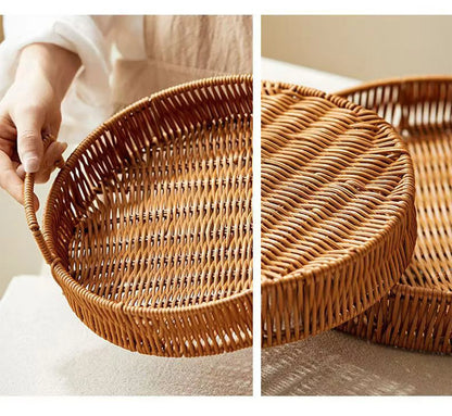Rattan Tray for Coffee Table - round Decorative Tray with Handles for Serving - Natural Woven Flat Basket for Centerpiece, Night Stand, Ottoman, Kitchen & Bathroom Decor
