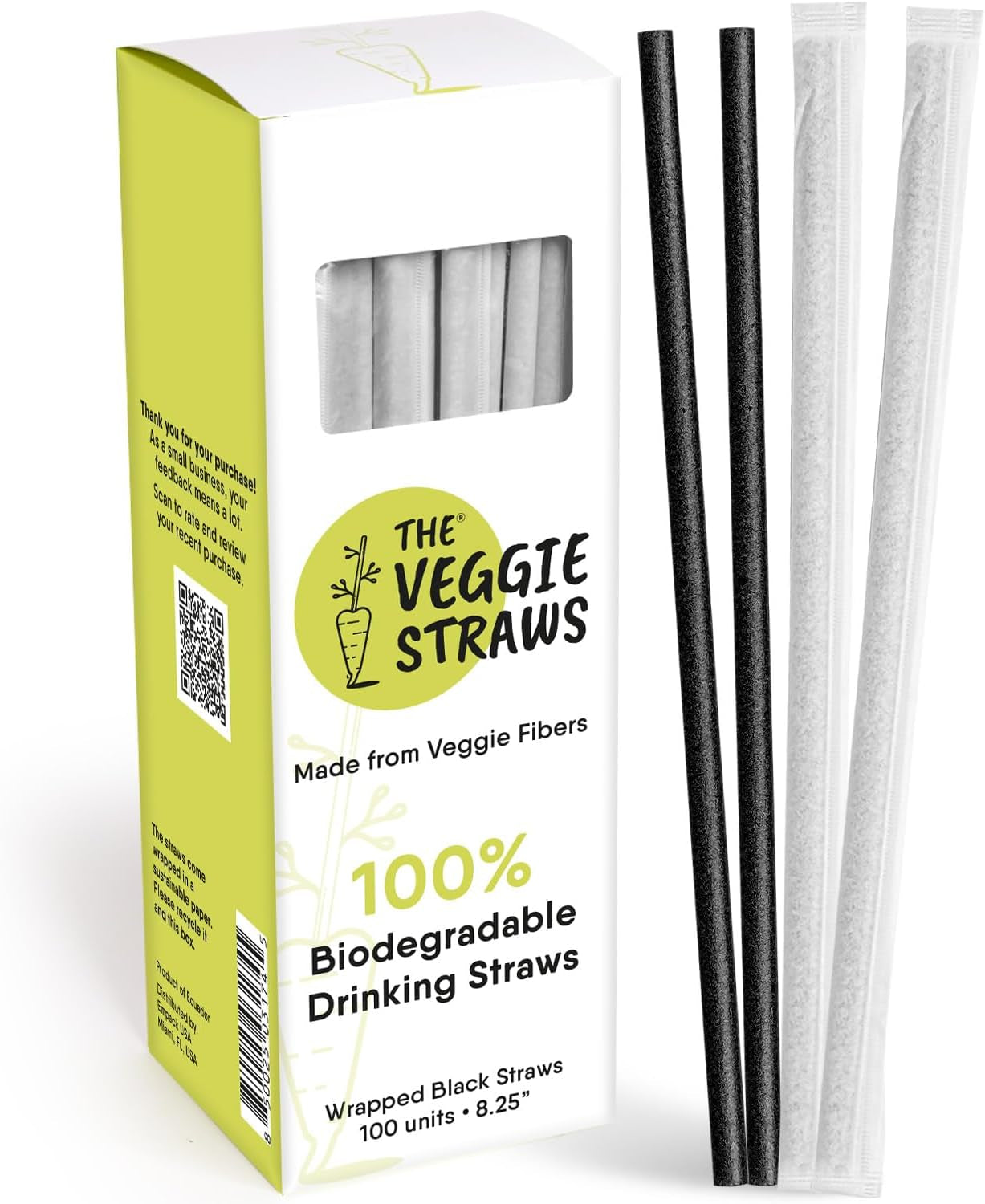 – 100 PCS of 8.25 Inches Individually Wrapped Black Biodegradable Straws – Made of Vegetable Fibers, Best Environment Friendly Drinking Straws for Hot and Cold Beverages