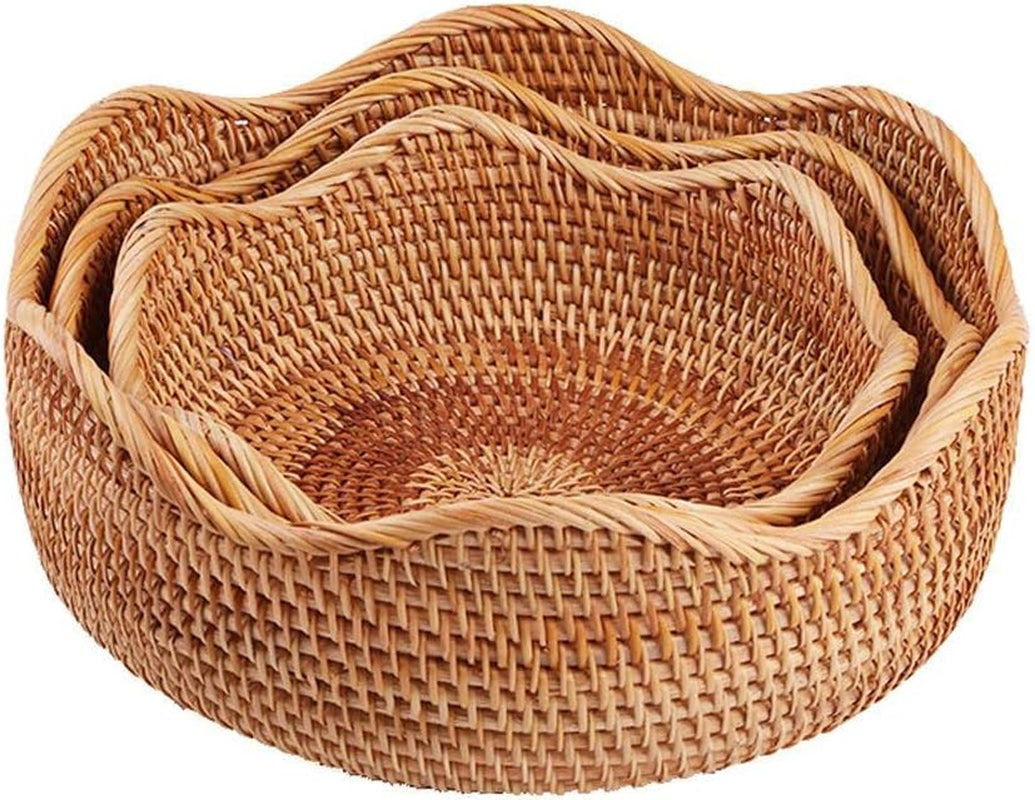 Handmade Rattan round Fruit Basket Food Storage Organizer Snack Serving Tray Basket with 3' Deep Wall, Boho Decor Display Tray Bowl (3-Size Kit)