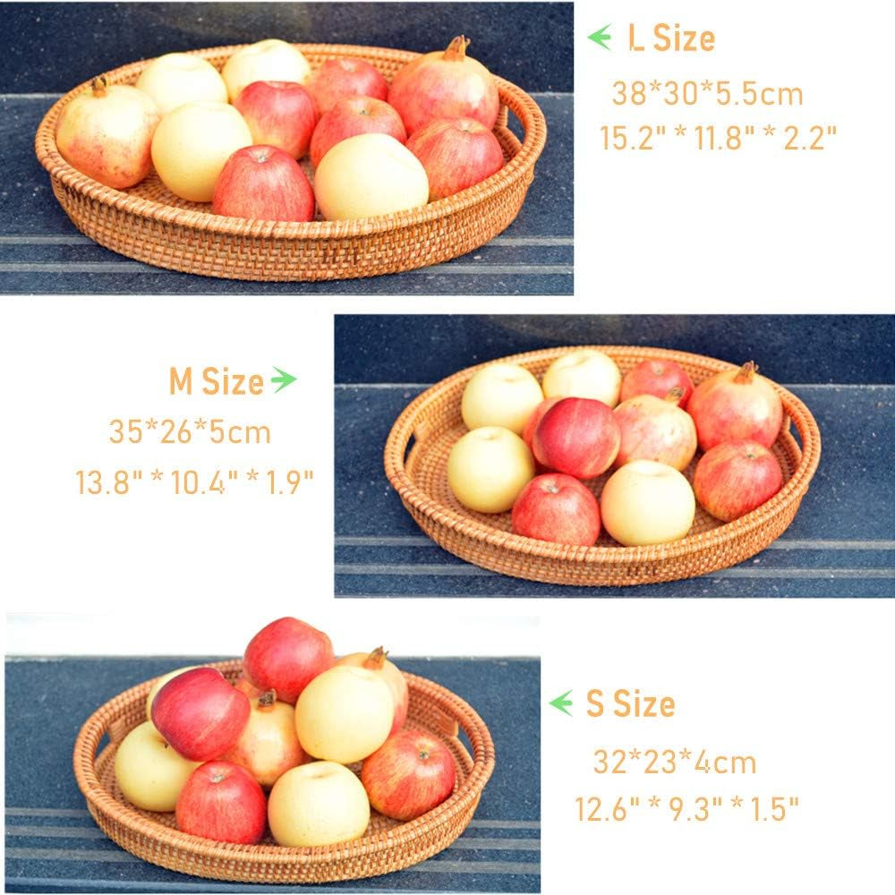 Small Handmade Rattan Basket, Oval Wicker Bowl, Rustic Serving Tray with Handles, Fruit Bowls, Table Organizers Storage Dish for Food, Catering, Catchall, Brown, S, 12.6 Inch